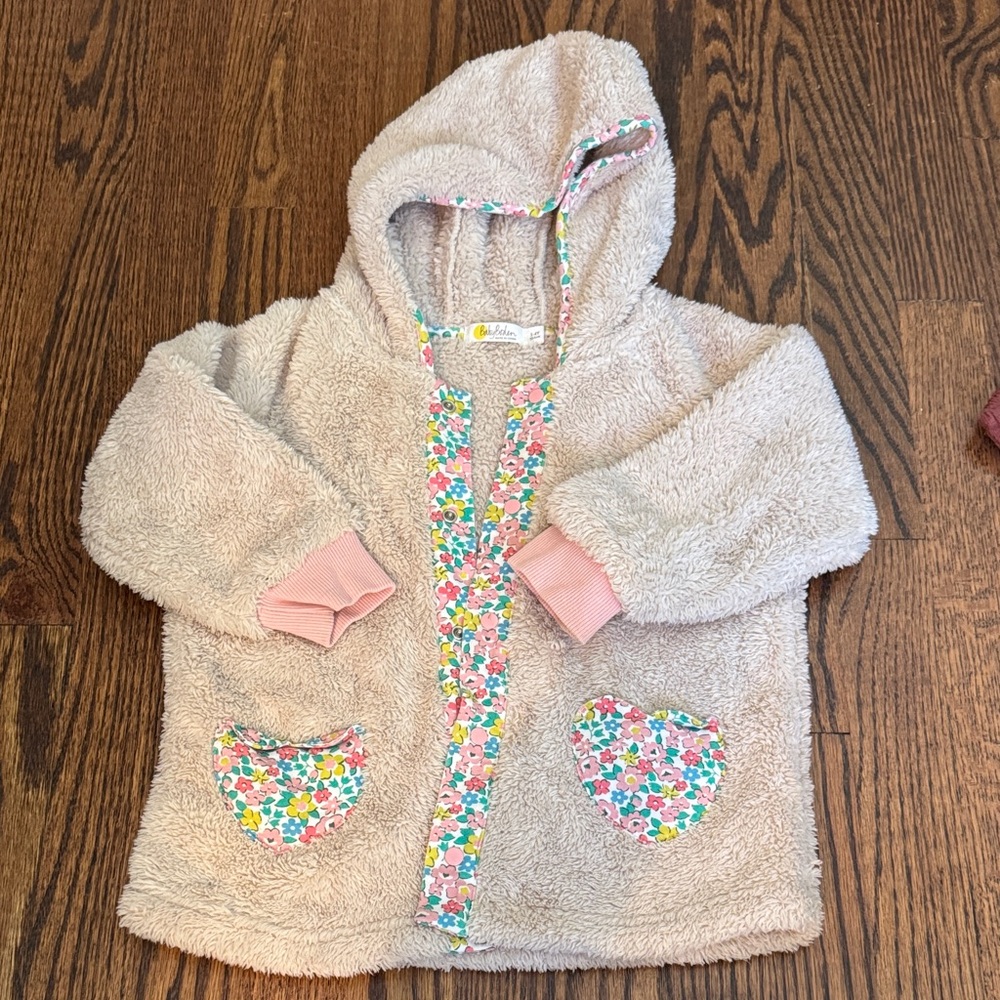 Mini BODEN Floral print Trim Fuzzy CREAM Hooded Jacket